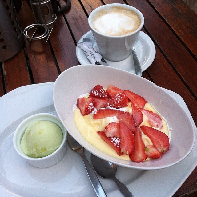 Amazing and super fresh dessert last night – strawberries with orange cream and a little lime gelato, plus a decaf cappuccino to balance out the sugar. #yum!!